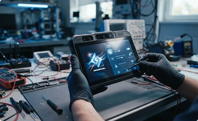 EASCO technician configuring custom Android APK firmware on rugged biometric tablet