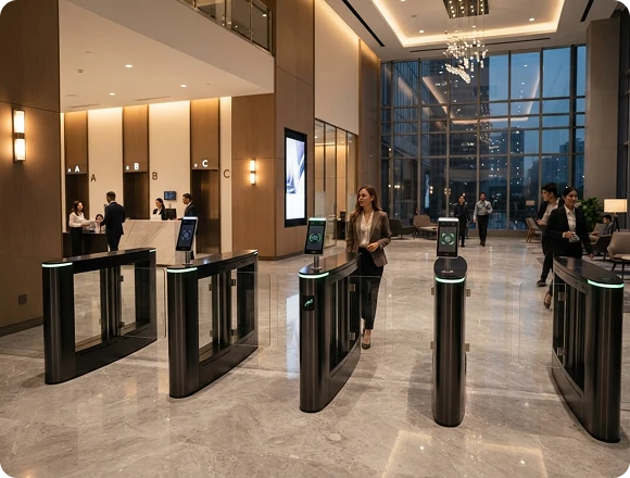 EASCO customized access control and turnstiles deployment in commercial building lobby